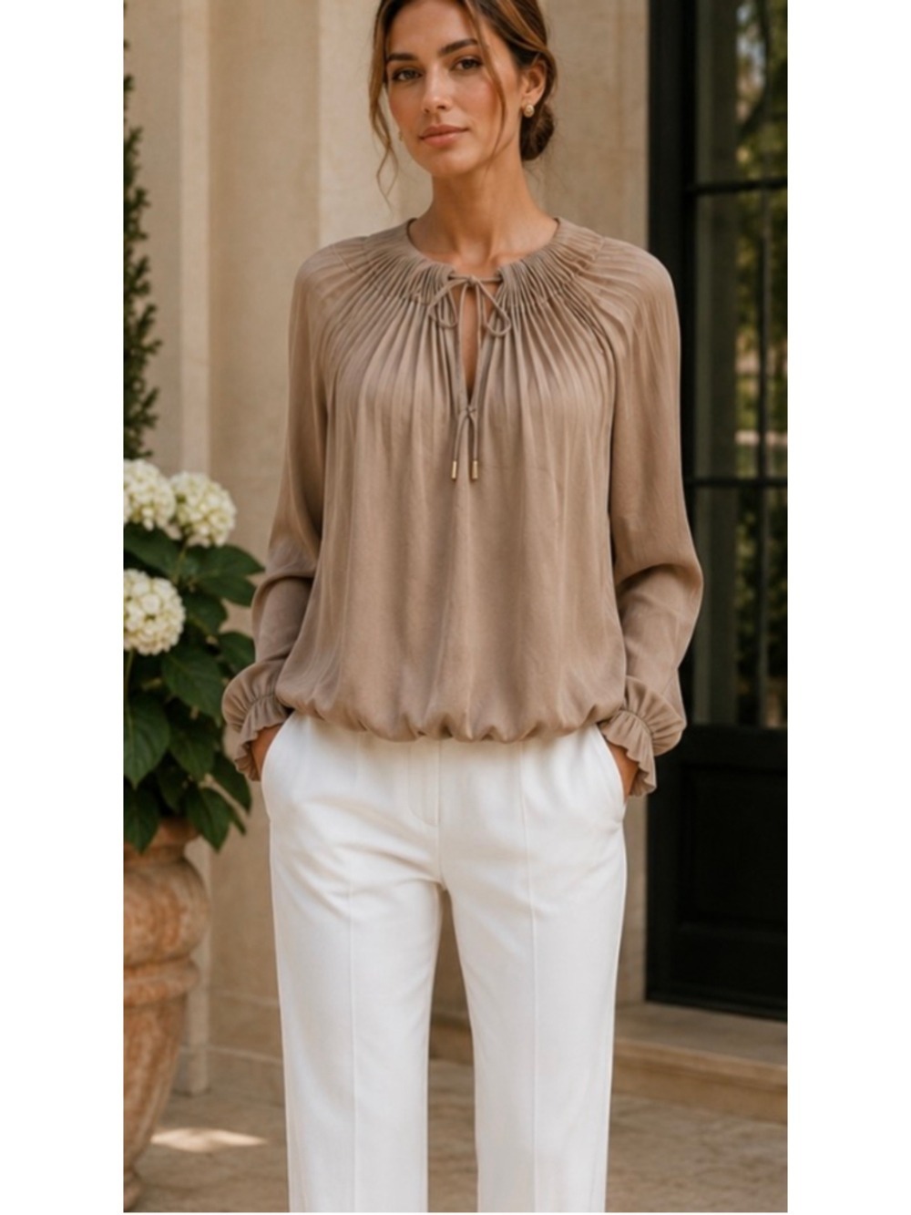 Diane von Furstenberg DVF for Barney’s Pleated Blouse Size 8 Beige